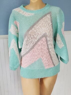 Vintage 80s Pastel Geometric Knit Sweater Medium Mint Pink Grey Barbiecore